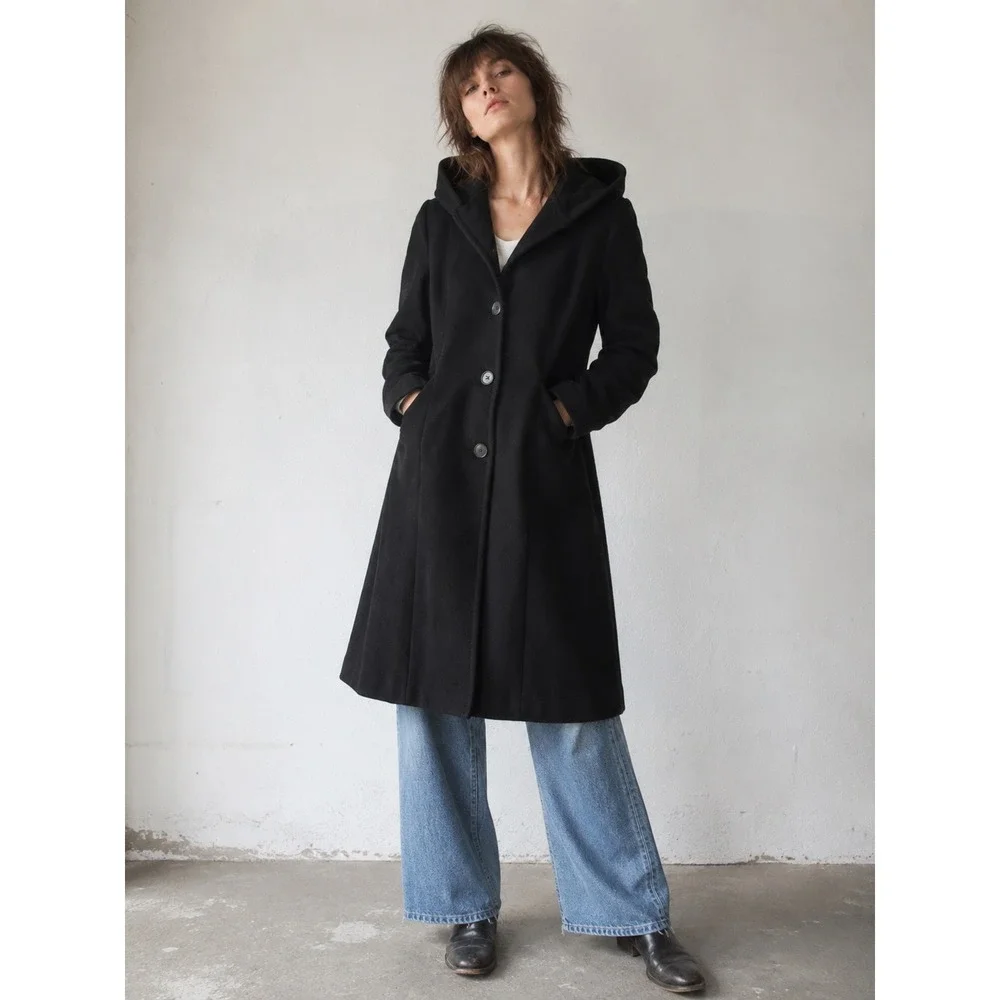 Marvin‎ Richards Black Hooded 100% Wool Overcoat Button Front USA Womens Medium